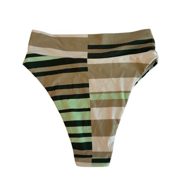 NWOT Aerie Women's Green & Tan Stripe High Cut Cheeky Bikini Bottom Size Medium - Picture 2 of 4